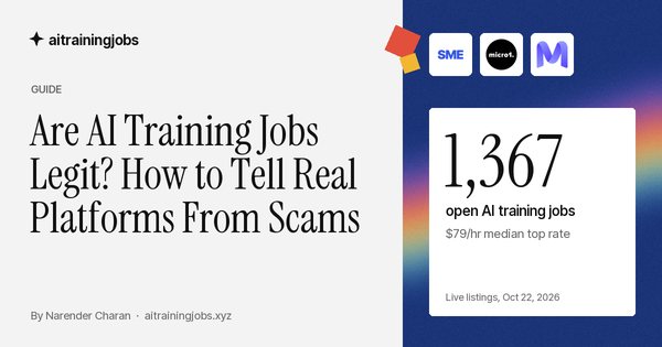 Cover image for “Are AI Training Jobs Legit? How to Tell Real Platforms From Scams”: the SME Careers, micro1 and Mercor logos, and the figure 1,367 open AI training jobs, $79/hr median top rate, from live listings on October 22, 2026.