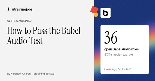 Cover image for “How to Pass the Babel Audio Test”: the Babel Audio logo, and the figure 36 open Babel Audio roles, $17/hr median top rate, from live listings on October 23, 2026.