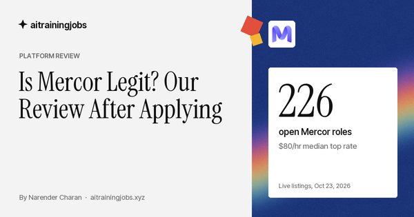 Cover image for “Is Mercor Legit? Our Review After Applying”: the Mercor logo, and the figure 226 open Mercor roles, $80/hr median top rate, from live listings on October 23, 2026.